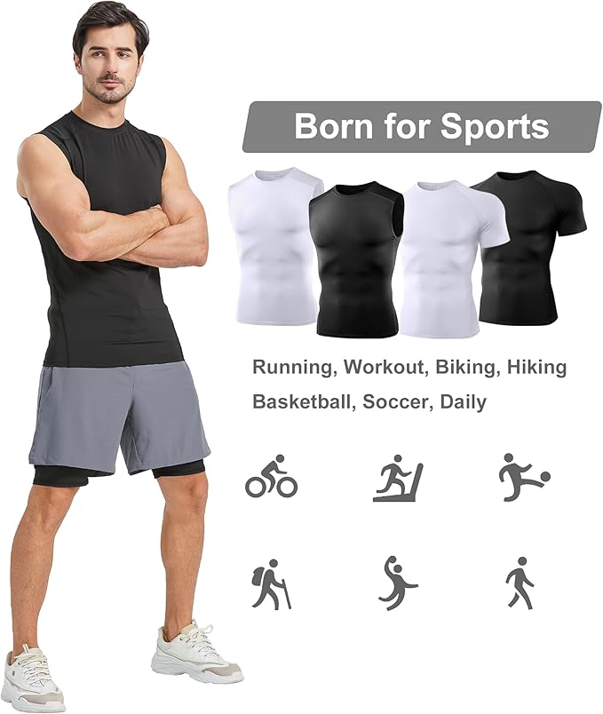 Dalavch 4 Pack Compression Shirts and Tank Tops Men Short Sleeve/Sleeveless Athletic Undershirt for Sport