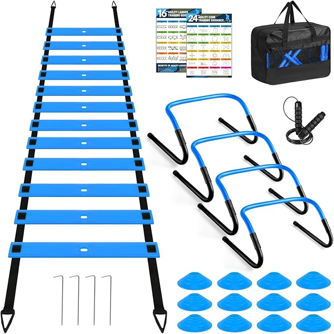 Agility Speed Training Equipment Set, Football Practise Set with 20ft Agility Ladder, 12 Cones, 4 Adjustable Hurdles, Jump Rope, for Basketball, Soccer Training, Football, Kids, Youth, Adults