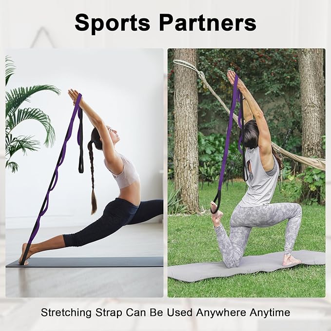 Amrules Yoga Strap for Stretching with 10 Loops Inelastic Soft Polyester Cotton Stretch Out Band for Exercise, Yoga, Pilates and Dance for Men and Women