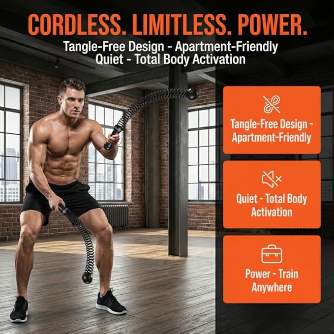Cordless Battle Ropes for Home Workout – Ropeless HIIT & Strength Training Kit with Hand Gripper & Wrist Wraps – Portable Full Body Fitness Equipment for Small Spaces