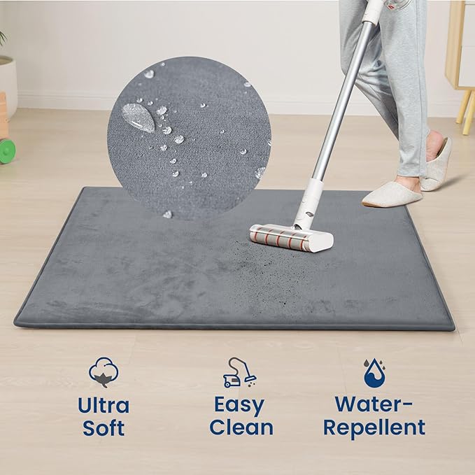 Baby Play Mat for Floor,Extra Large 79"×118" Tummy Time Mat,Thicker Memory Foam Mats for Toddler,Infant,Kids,Water Repellent Ultra Soft Coral Velvet,Non-Slip Backing Safe for Crawling(Dark Grey)