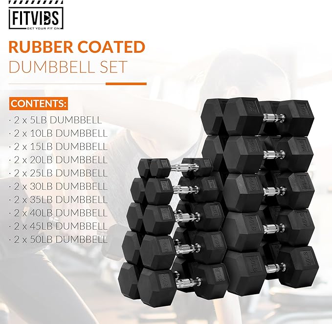 Fitvids Rubber Encased Hex Dumbbell Set Contoured Handle for Muscle Toning, Strength Building & Full Body Workout, 60LB, 100LB, 150LB and 550LB Set