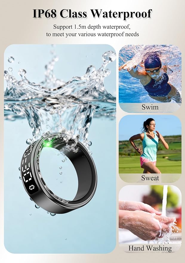 Smart Ring with LED Display，Fitness Tracker Ring, IP68 Waterproof Health Tracker Ring, Blood Oxygen & Heart Rate Monitor, Long Lasting Battery Sleep Ring for Women & Men