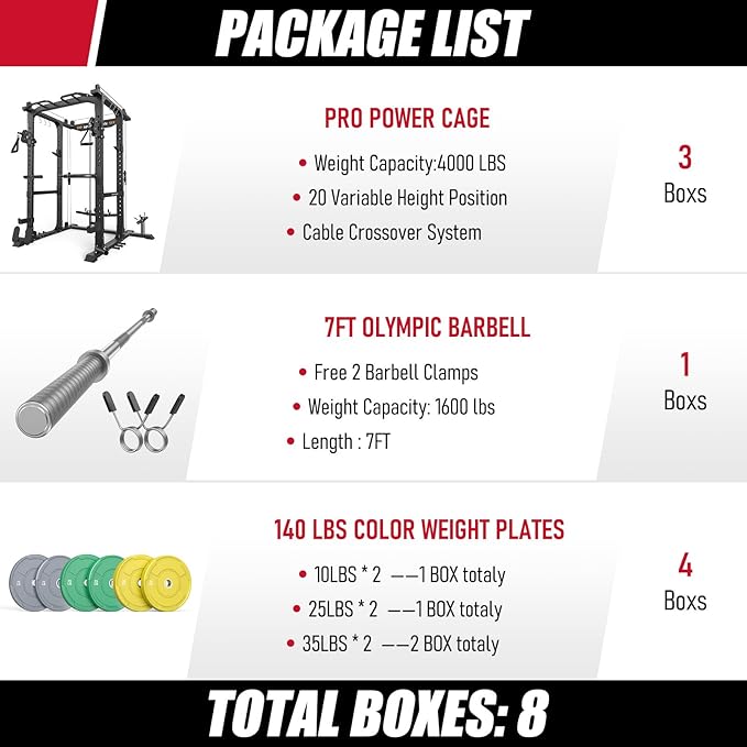 Sportsroyals Squat Rack, LAT Power Cage, Power Rack Multi-Function with Pulley System and Training Attachments for Home Gym