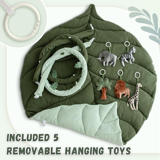 Baby Play Gym with Mat Leaf Shaped, Baby Play Mat with 5 Hanging Toys Tummy Time Mat, Baby Gym Activity Center, Washable (Green)