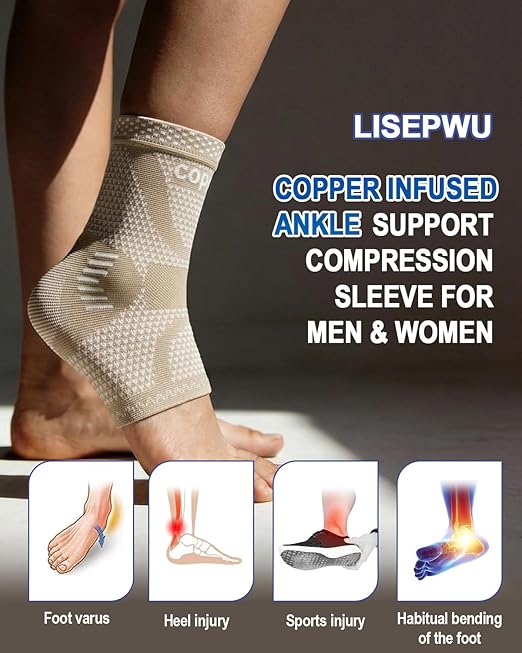 LISEPWU Copper Ankle Brace, Copper Infused Ankle Support Compression Sleeve for Men & Women, for Foot Pain Relief, Sprained Recovery, Achilles Tendonitis, Daytime or Night Use(Skin White S)
