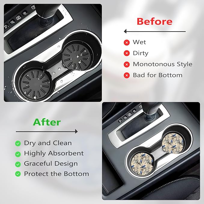 Car Cup Holder Coasters, 2 Pcs Ceramic Coasters with Finger Slot and Cork Back, Anti-Slip Shock Absorbing Women and Men Universal Car Accessories - Blue Bird