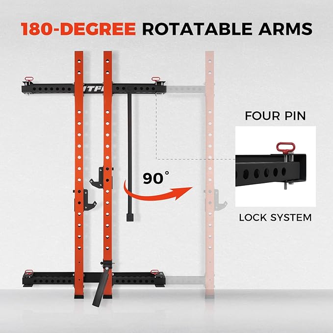 RitFit 2.36'' x 2.36'' Folding Squat Rack for Home Gym, Wall Mounted Squat Rack with Attachments - Space Saving Squat Power Rack