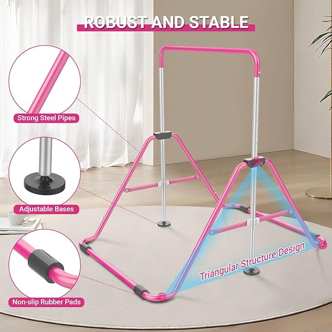 Foldable Gymnastics Bar, 5-Height Adjustable Gymnastic Bars for Kids at Home,Robust & Stable for Indoor/Outdoor Using,Weight Limit 140LBS