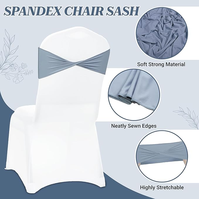 MDS Pack of 100 Spandex Chair Sashes Bows Elastic Stretch Dining Chair Bands Ties Without Slider Buckle Universal fits for Wedding Baby Shower Birthday Party Banquet Event Decoration - Dusty Blue