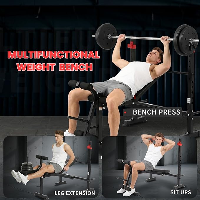 1500LBS 8 in 1 Weight Bench Set with Leg Extension/Curl and Preacher Curl, Bench Press Set and Barbell Rack with Safety Bar Catches, Foldable Workout Benches for Home(US Stock)