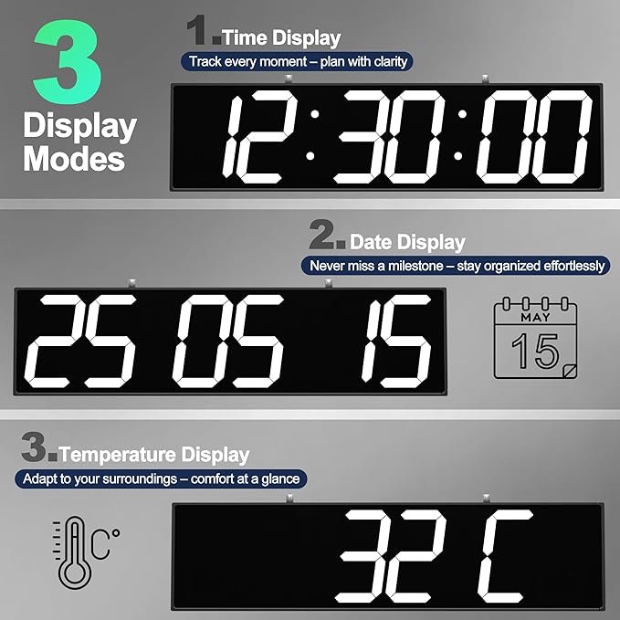 CHKOSDA Digital Clock Large Display 28" with Remote Control,Double-Sided Clock, Suspended Design for Hospitals, Factories, Airports.