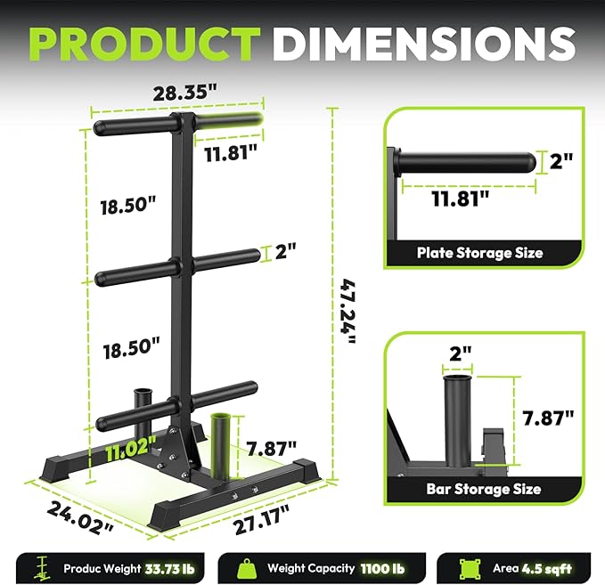 HANDBODE Weight Plate Rack with Barbell Storage, 6-Peg Vertical Holder for 1 or 2-Inch Plates, Heavy Duty 1100 lbs Capacity for Home Gym Organization