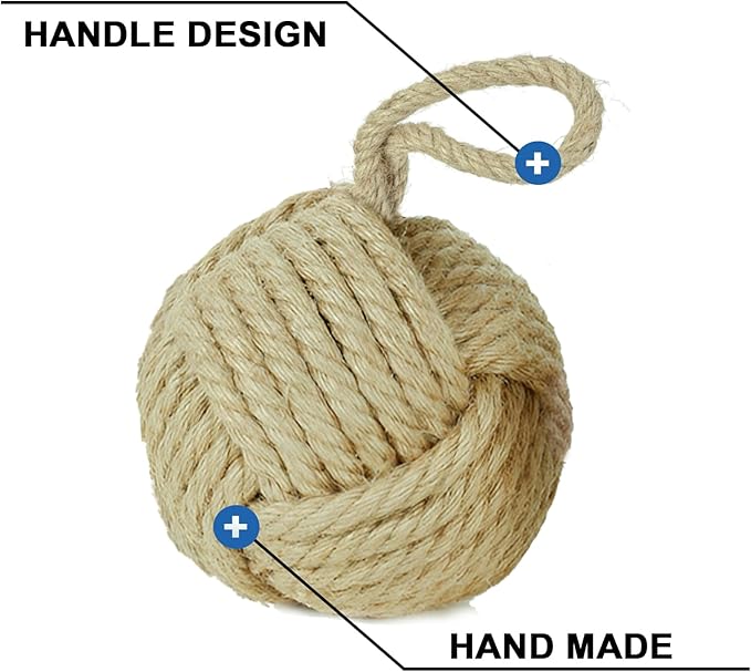 Marwood Rope Knot Door Stops Decorative Nautical Ball Door Stopper Handmade with Handle, Jute Weighted Interior Doorstop Sailor Knot for Door and Window - Spherical (6"x6", 4lbs)