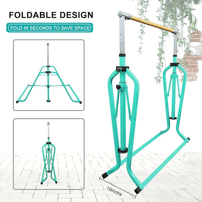 Foldable & Moveable Gymnastics Horizontal Bar with Rings,3’to 5’Adjustable Height Expandable Junior Kip Bar for Home,Indoor Gym Equipment for Kids