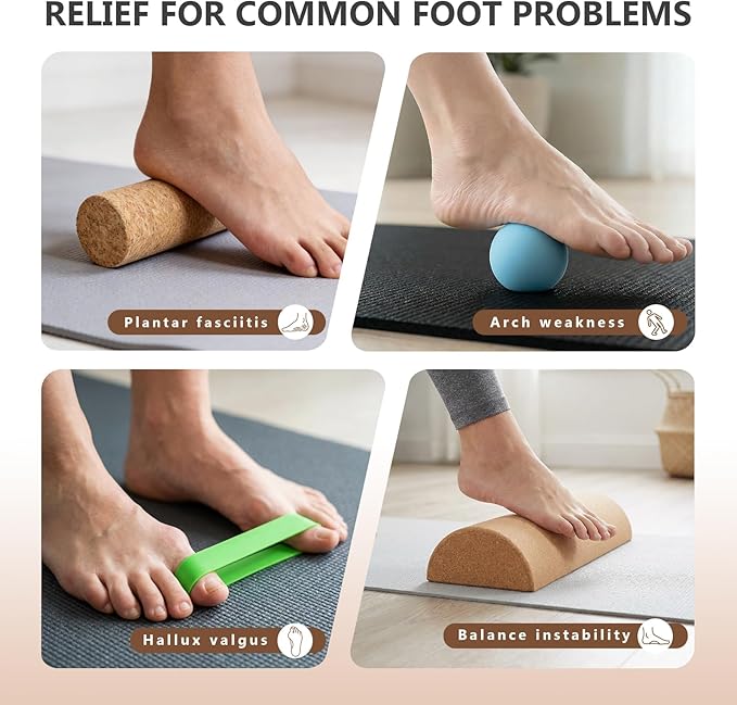 Cork Balance Board, 4-in-1 Foot & Ankle Strengthener Kit with Massage Roller & Ball, Toe Resistance Bands, Storage Bag, Exercise Guide & Training Log for Mobility & Plantar Fasciitis Care