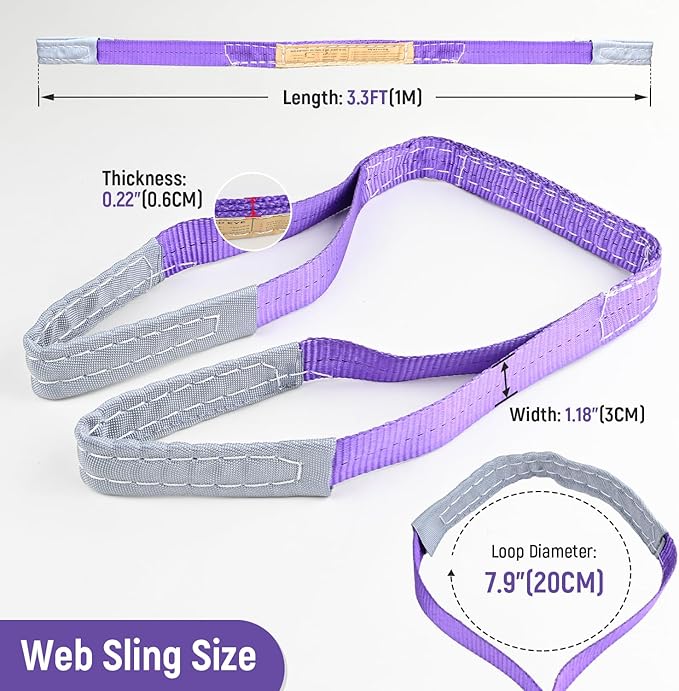 2-PCS 5:1 Safety Factor 1" X3.3' Lifting Slings 2204 lbs Webbing Sling 2 ply Polyester Lifting Strap with Twisted Eye & Eye for Industrial Shop Use, Hoist, Tree Stumps, Heavy Duty Cargo, Purple