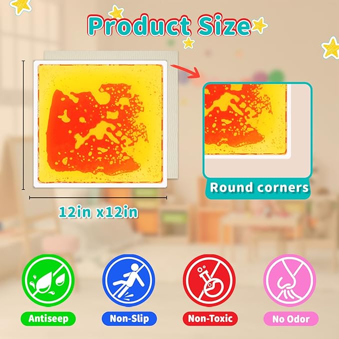 Sensory Floor Tiles for Kids: Liquid Fusion Activity Mat 4 Pack with One-Piece Glue-Free Sealing - Educational Fun Water Play Mats - Autistic Toddler Calming Toys for Indoor Early Learning（12X12inch）