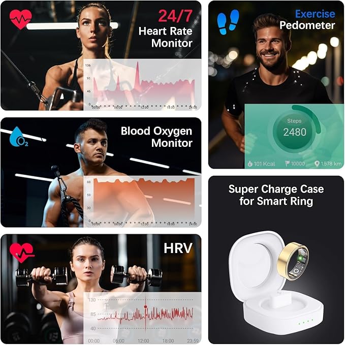 SEEVEN Smart Ring for Women Men, Fit Ring with Heart Rate, Blood Oxygen, HRV, Sleep Monitor, Stress, Step Counter, IP68 Waterproof Fitness Rings for iPhone & Android, No Subscription Fee (Gold, 13#)