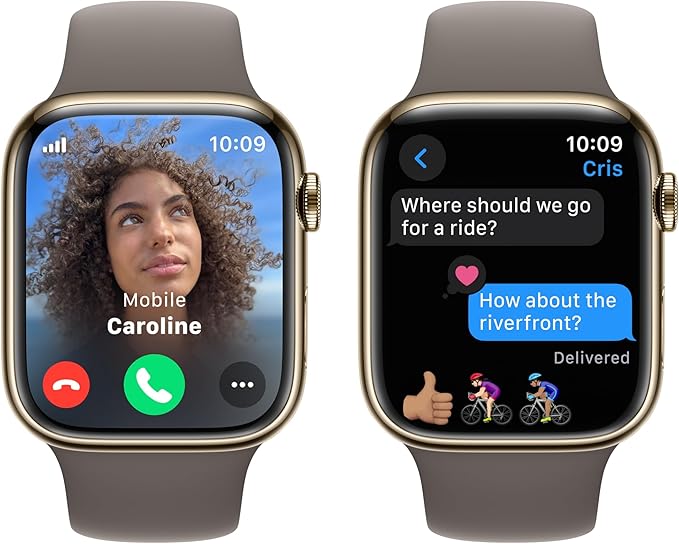 Apple Watch Series 9 [GPS + Cellular 45mm] Smartwatch with Gold Stainless Steel Case with Clay Sport Band M/L. Fitness Tracker, Blood Oxygen & ECG Apps, Always-On Retina Display