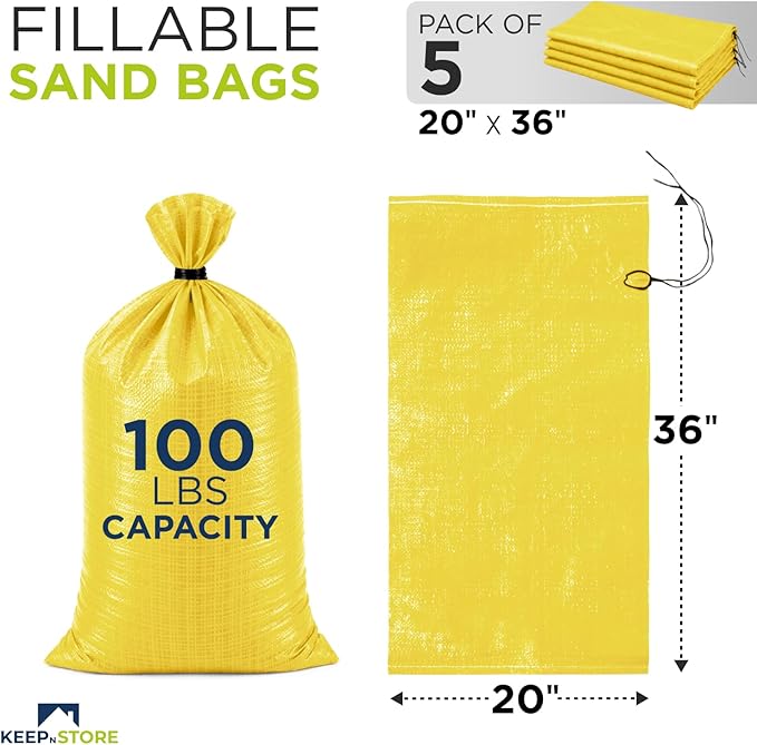 Heavy Duty Sand Bags Pack of 5, Bright Yellow Empty Sandbags with Built-In Ties, Woven Polypropylene UV Protection 1600 Hours, Fillable Bags for Flood Control, Weight, 20x36 inches, 100 Pounds Volume