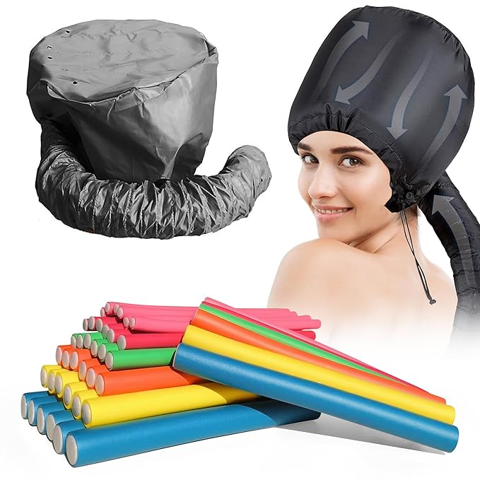 42 pcs 7" Flexi Rods,Hair Curlers Rollers Flexible Curling Rods,Heatless Bendy Foam Curls for Long,Medium,Short Hair to Sleep in,with Hair Dryer Bonnet for Quick Shaping(Black)