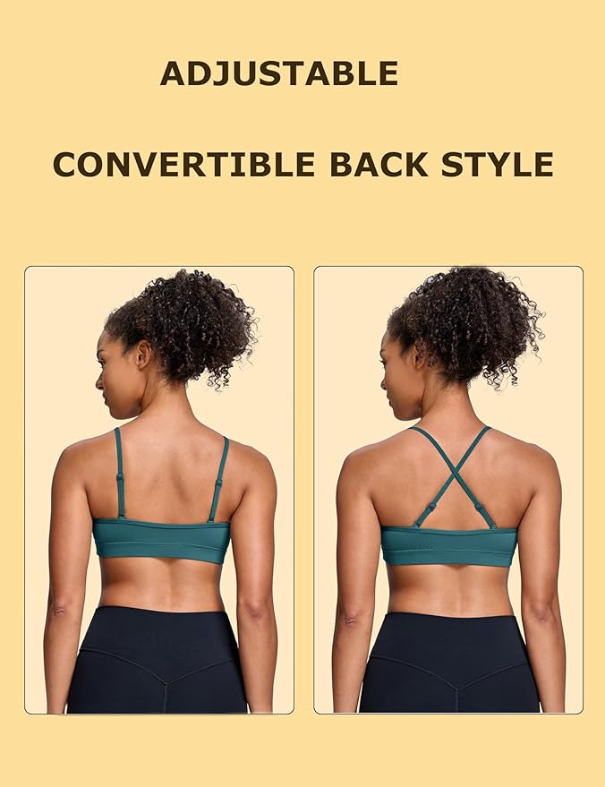 Oalka V Neck Sports Bra for Women Adjustable Padded Thin Straps Wireless Yoga Bras