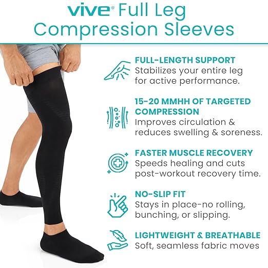 Vive Full Leg Compression Sleeves for Men & Women (Pair) - Knee, Calf, & Thigh Support Brace Wrap for Basketball, Football, Wrestling - Footless Long Running Accessories for Shin Splints (X-Large)