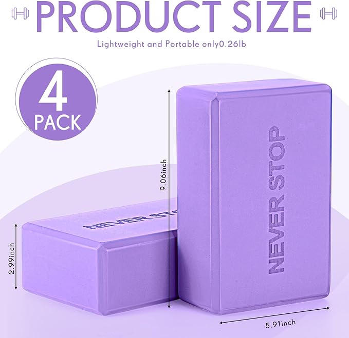 RoundFunny 4 Pack Yoga Blocks Non Slip Pilates Brick Foam Blocks Pilates Dance Gymnastics Workout Fitness Props Tool for Stretching Meditation and Exercise