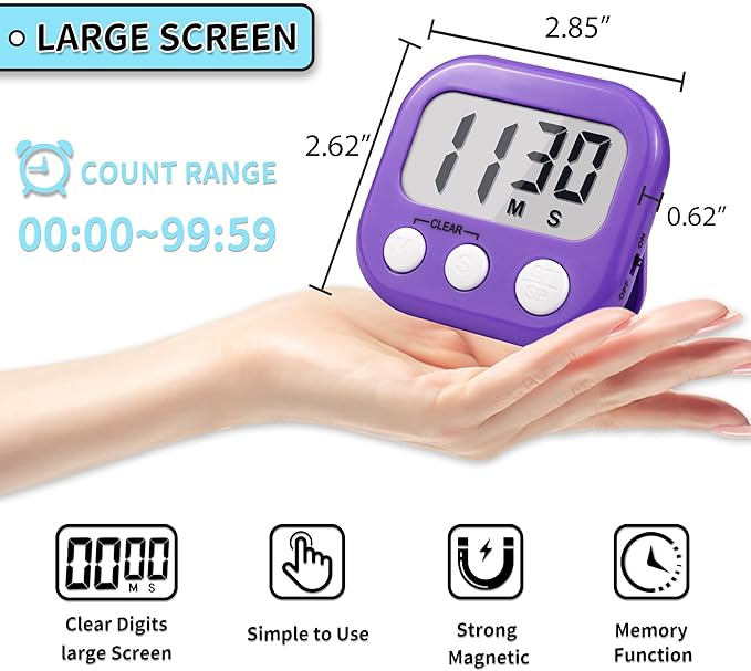 Timer for Kids Teachers Supplies Digital Kitchen Timers for Cooking Large Magnetic Classroom Timer 2Pack-Pink Purple