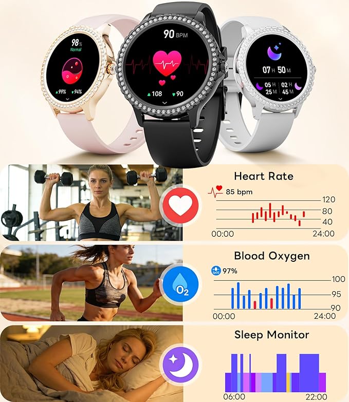 Smart Watch for Women Diamond, Bluetooth Calls, 1.32-inch HD Screen Round Fitness Tracker with Menstrual Cycle/Sleep/Heart Rate Monitor, 100+ Sports Mode, Android/iOS Phone, Black