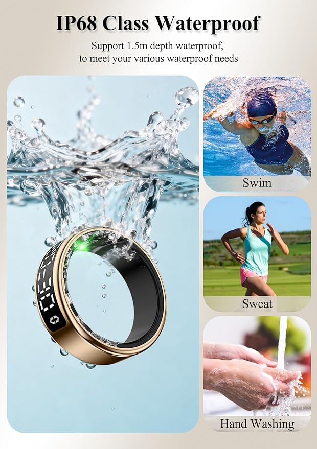 Smart Ring with LED Display，Fitness Tracker Ring, IP68 Waterproof Health Tracker Ring, Blood Oxygen & Heart Rate Monitor, Long Lasting Battery Sleep Ring for Women & Men