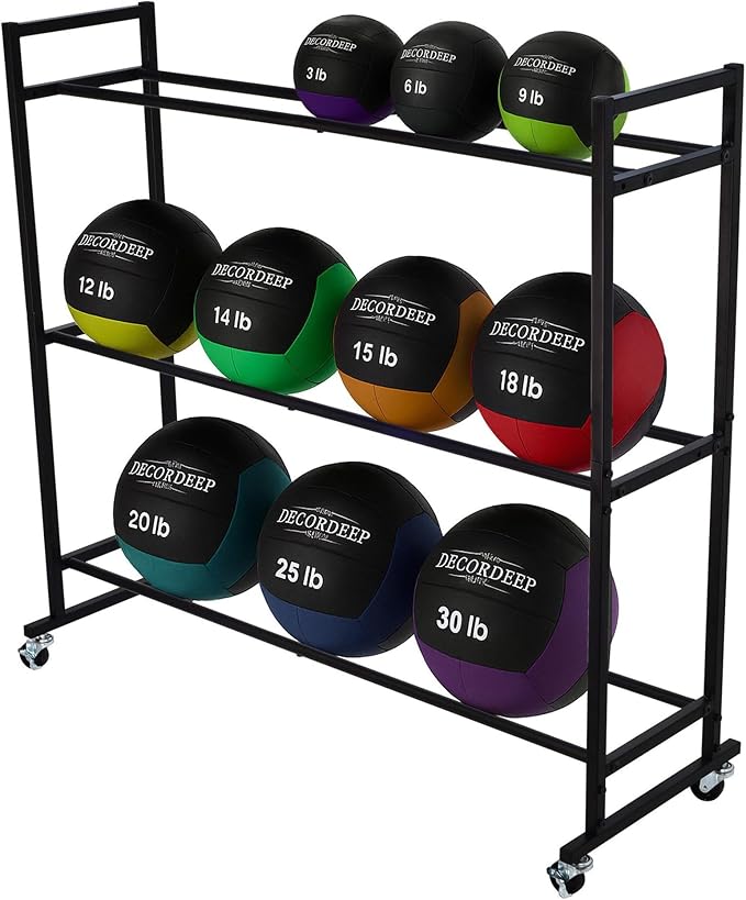 3-Tier Medicine Ball Rack with Wheels, Heavy Duty Rolling Storage Stand Holder for Slam & Wall Balls, Home Gym Organization Cart, Locking Casters, 60 lbs Capacity