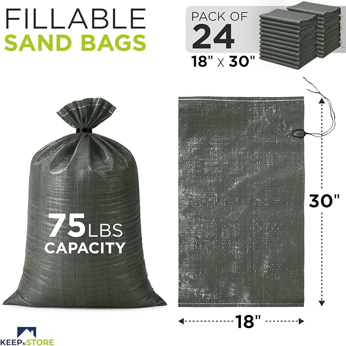 Heavy Duty Sand Bags Pack of 24, Army Green Empty Sandbags with Built-In Ties, Woven Polypropylene UV Protection 1600 Hours, Fillable Bags for Flood Control, Weight, 18x30 inches, 75 Pounds Volume