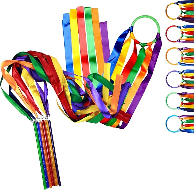 GSi Multicolor Ribbon Wands & Rings for Kids - Pack of 6 Dance Streamers with 9" Stick, 1m Ribbons, Gymnastics & Party Use