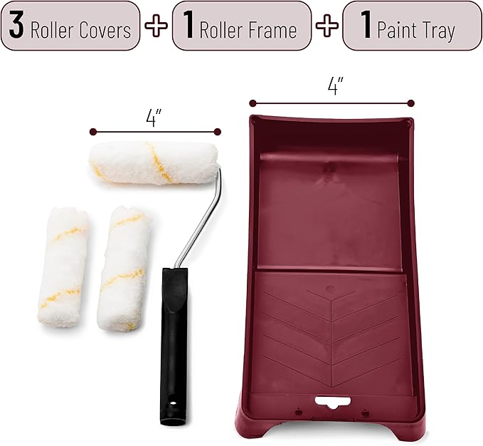 Bates Paint Tray Set - 5pcs, 4-Inch Roller Kit, Small Roller Brush