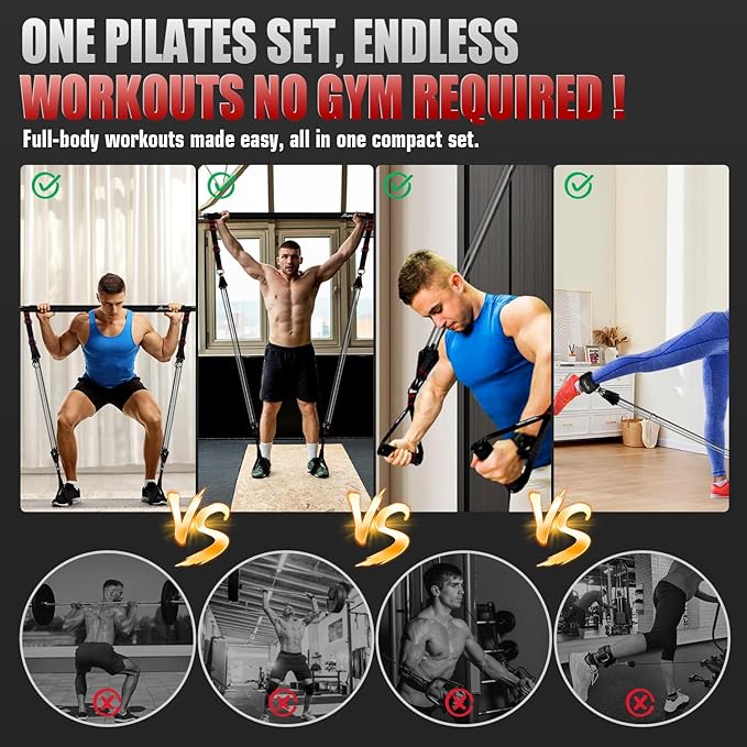 HPYGN Pilates Bar Kit with Resistance Bands, Heavy Duty Multifunctional Pilates Workout Equipment for Strength Training, HIP, Back, Arms, Ab, Shoulders, Portable Home Gym & Travel Fitness Gear for Men