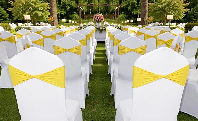 VDS Pack of 125 PCS | Yellow | Spandex Chair Sashes Bows Without Buckle | Stretch Elastic Banquet Universal Folding Chair Band Tie with for Wedding Party Conference Celebration Event Decoration