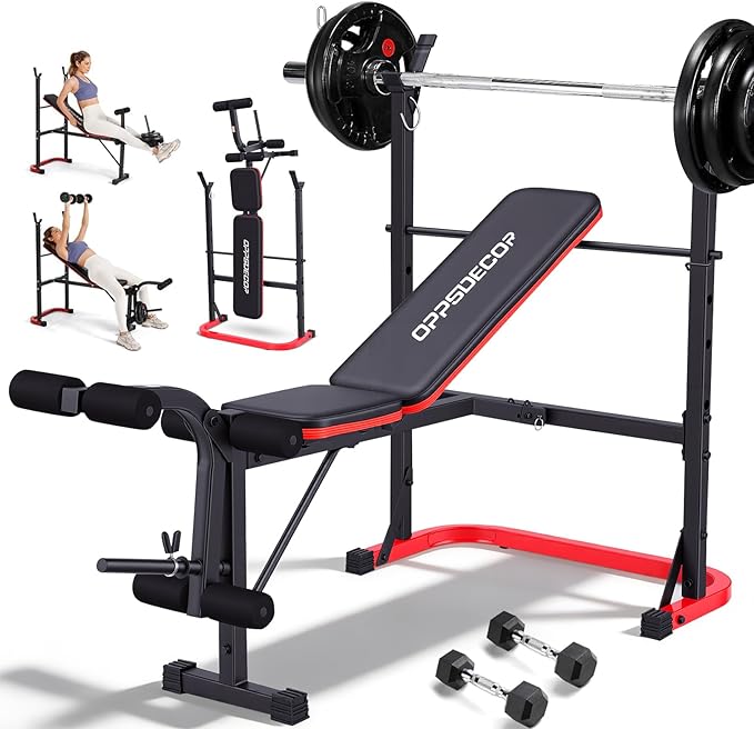 OPPSDECOR 661LBS Weight Bench Set, 8 in 1 Adjustable Bench Press with Squat Rack Leg Extension & Leg Curl Workout Bench with Safety Bar Catches Standard Weight Training Benches for Home Gym