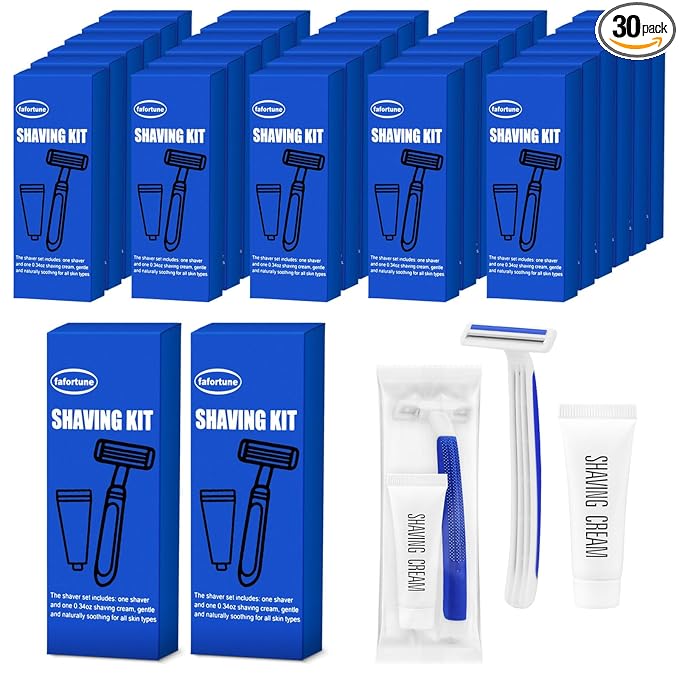 Shave Kit in Bulk Twin Blade Razors with Protective Cap,Disposable Razors in Bulk Shaving Cream for Hotel, Airbnb, Homeless, Shelter, Camping and Travel (30)