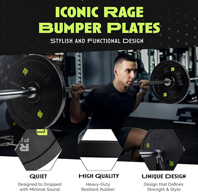 Rage Fitness Olympic Bumper Plates – Rubber-Coated Weight Plates with Steel Insert for Strength Training & Home or Commercial Gyms (10–45 lb, Sold Individually)