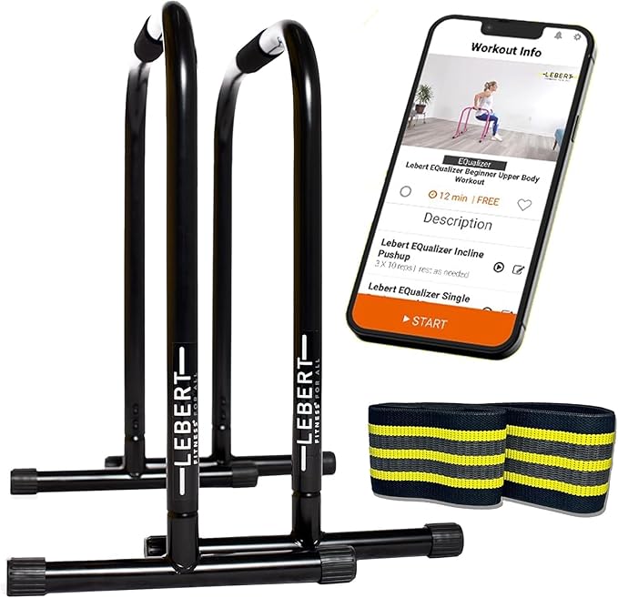 Lebert EQualizer Total Body Strengthener – Portable Dip Station for Full Bodyweight Training – Includes Hip Resistance Band & Online Coaching – Available in Standard & XL Sizes