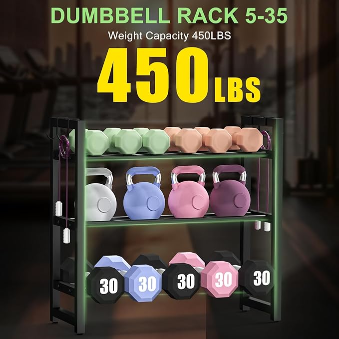 3 Tier Compact Weight Rack for Dumbbells, Adjustable Weight Storage Racks with Side Hooks, Space-Saving Home Gym Rack for Dumbbells Kettlebells & Fitness Accessories, Small Dumbbell Rack 𝐆𝐢𝐟𝐭𝐬 𝐟𝐨𝐫 𝐌𝐨𝐭𝐡𝐞𝐫‘𝐬 𝐃𝐚𝐲