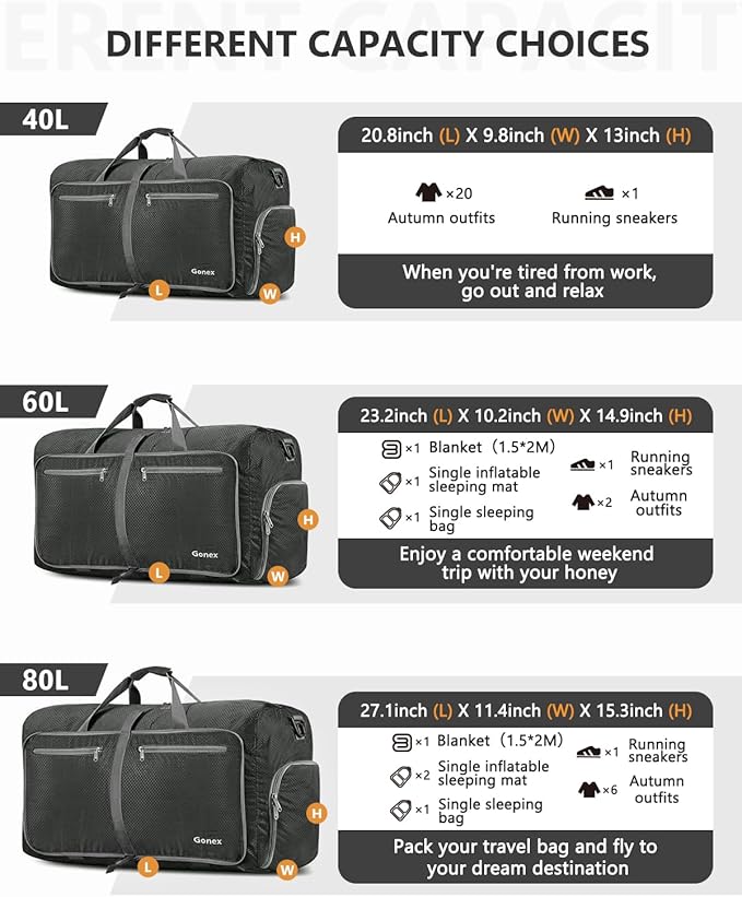 Gonex Large Foldable Travel Duffle Bag with Shoes Compartment, Packable Lightweight Water Repellent Duffel Bag for Camping Gym Weekender Bag