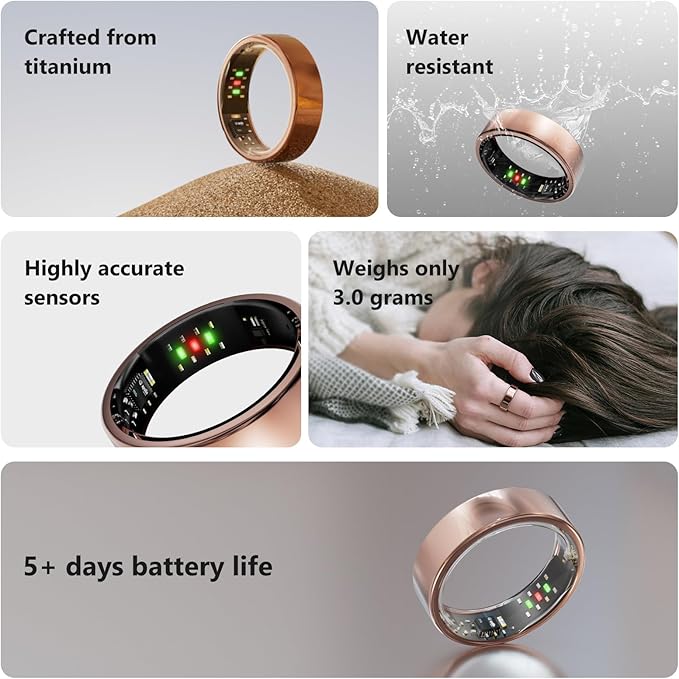 Titanium Smart Ring, Sleep & Activity Tracking Ring with Heart Rate, HRV, Stress Insights, 7-Day Battery Life, No Subscription, IP68 Waterproof, iOS & Android Compatible (Rose Gold, 12)