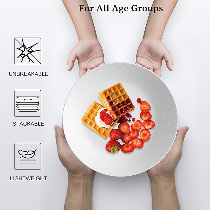Wrova Wheat Straw Dinner Plates 10 Inch Unbreakable Set of 8 - Dishwasher & Microwave Safe Plastic Plates Reusable - Lightweight Plates for kitchen,camping,picnic,R.V. - White