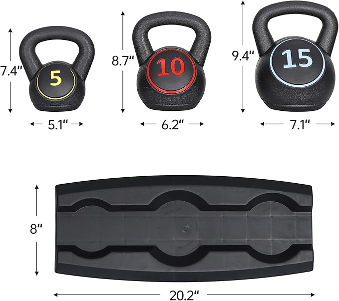 3-Piece Kettlebell Set, Exercise Fitness Weight Set with Base Rack for Home Gym, Home Workouts, Strength Training, Include 5 lbs, 10 lbs, 15 lbs