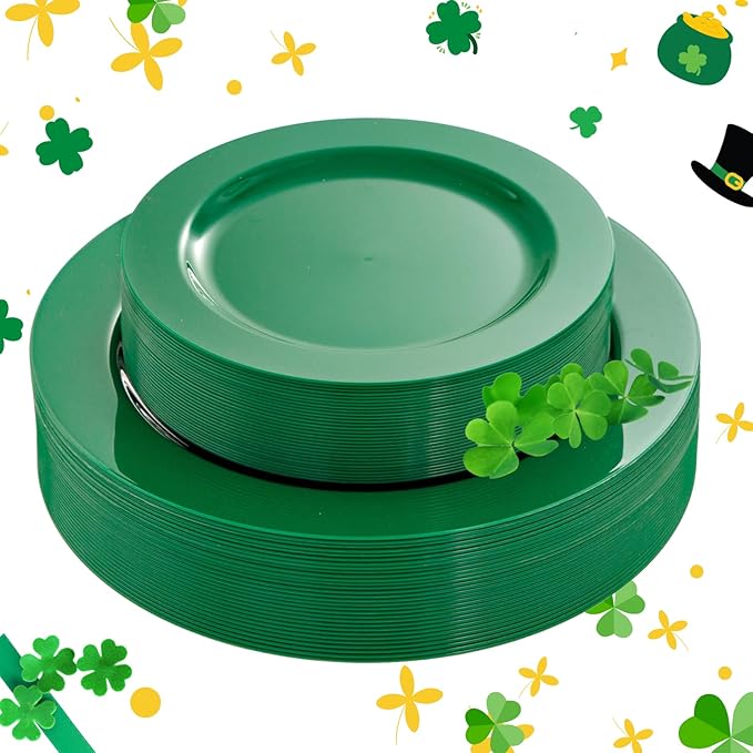 FLOWERCAT 60PCS Green Plates & St. Patrick's Day Plates - Heavy Duty Dark Green plates Disposable for St. Patrick's Party&Easter- Include 30PCS 10.25" Dinner Plates & 30PCS 7.5" Dessert Plates
