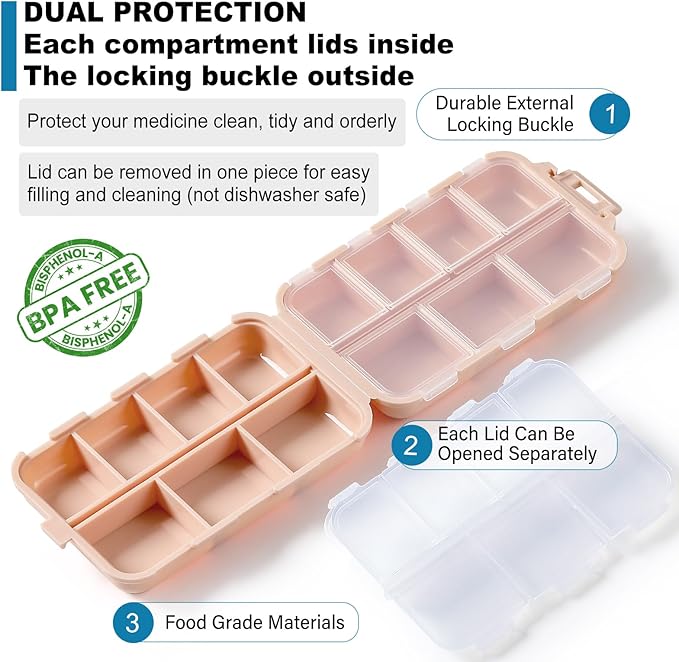 LANDNEOO 14 Grids Pill Organizer Box with Labels, Travel Medication Holder Dispenser Case Kit, Pocket Daily Pharmacy Container for Fish Oil Vitamin Supplement Storage, Khaki Pink Grey, 3 Pack