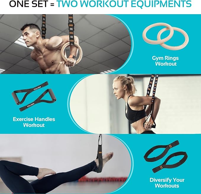 Vulken Wooden Gymnastic Rings with Adjustable Numbered Straps. 1.1'' Olympic Rings for Core Workout and Bodyweight Training. Home Gym Rings 1600lbs with Workout Handles